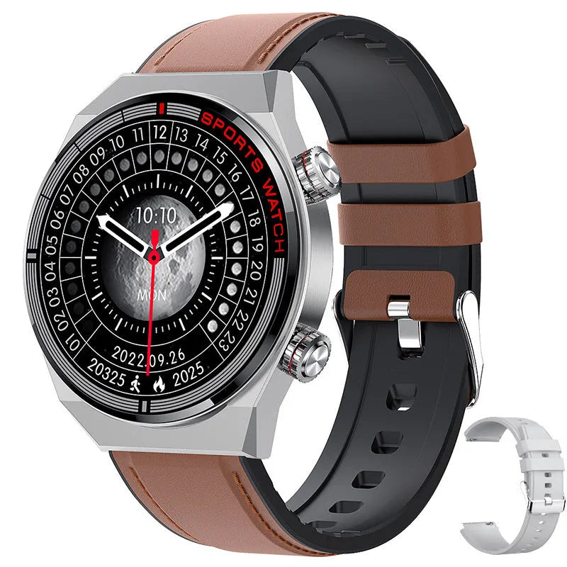 Rotary key Bluetooth smartwatch with touch screen on a genuine leather strap, showing call and fitness tracking interface.