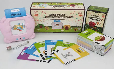 Blue children's learning machine with audiobook cards for English early education.