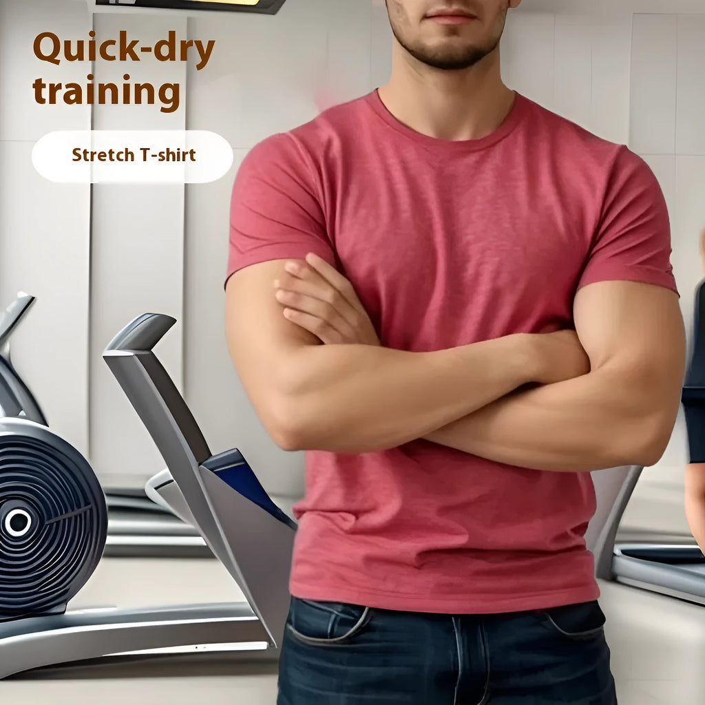 Men's black quick-dry stretch short sleeve running t-shirt on a hanger.