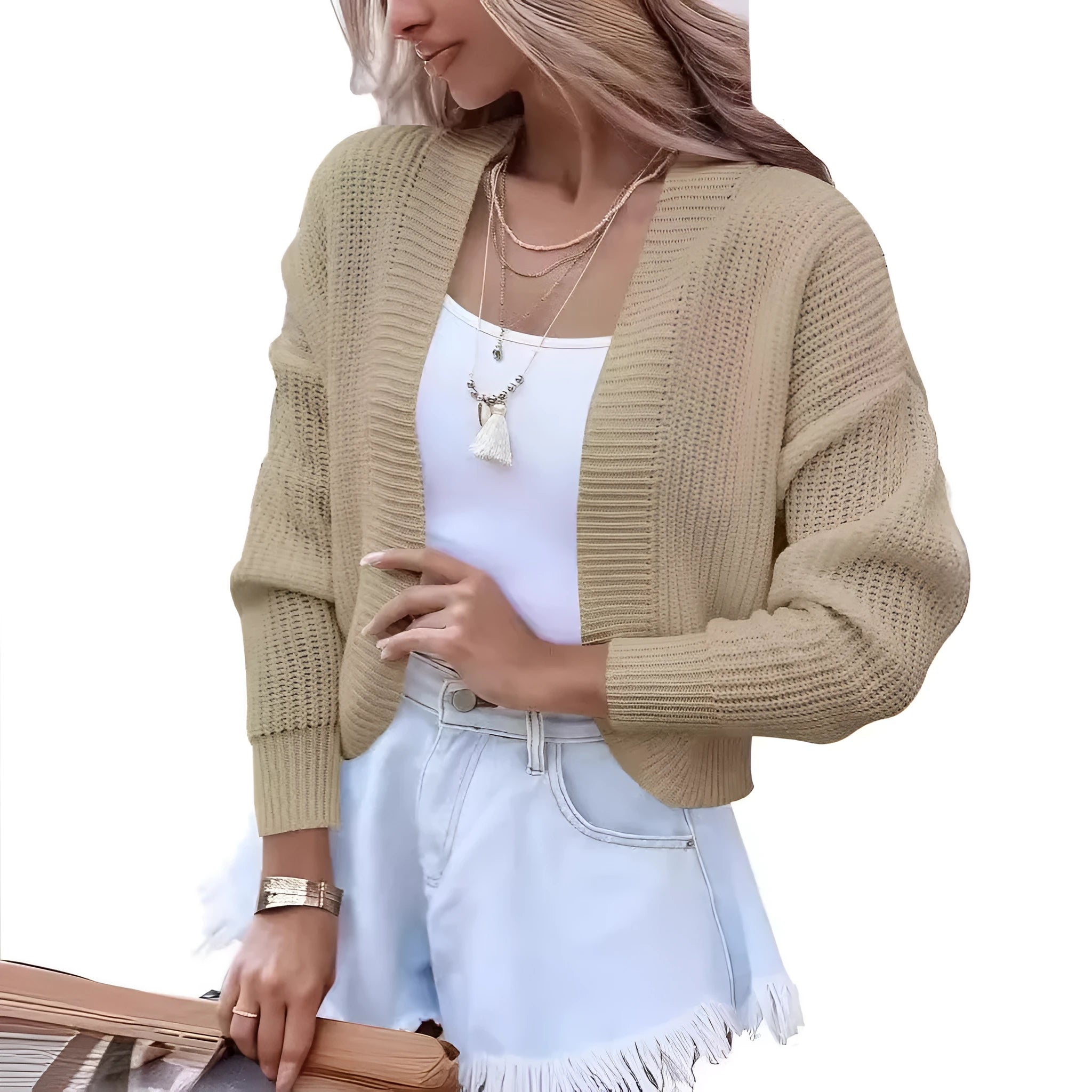 Women's short cape knitted cardigan sweater in solid colour, long sleeves, polyester, open-front style