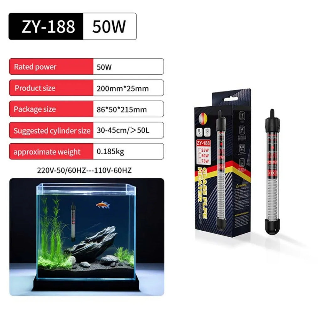 Aquarium glass pipe heater with quartz thermostat for fresh and sea water tanks, available in 25W to 300W.