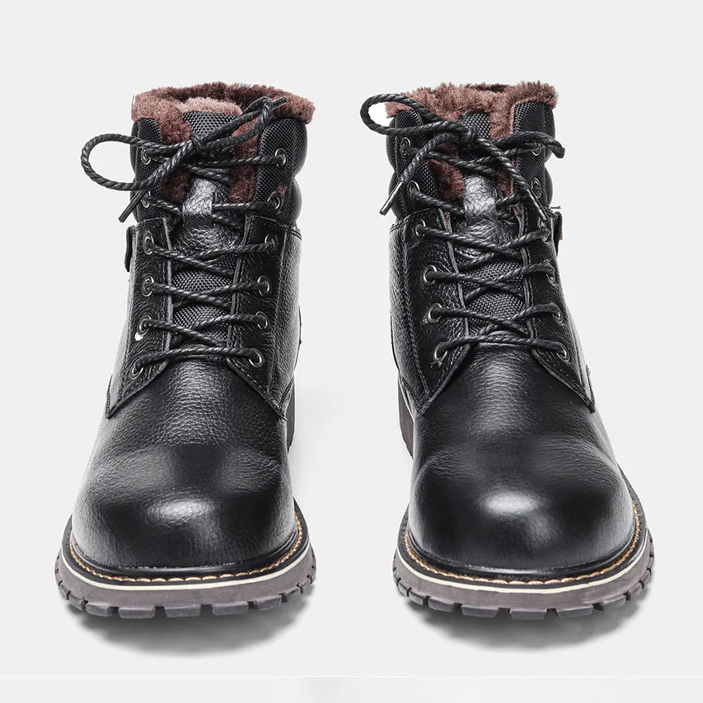 Pair of black plus size men's cowhide leather snow boots with fleece lining, mid-calf height and rubber sole.