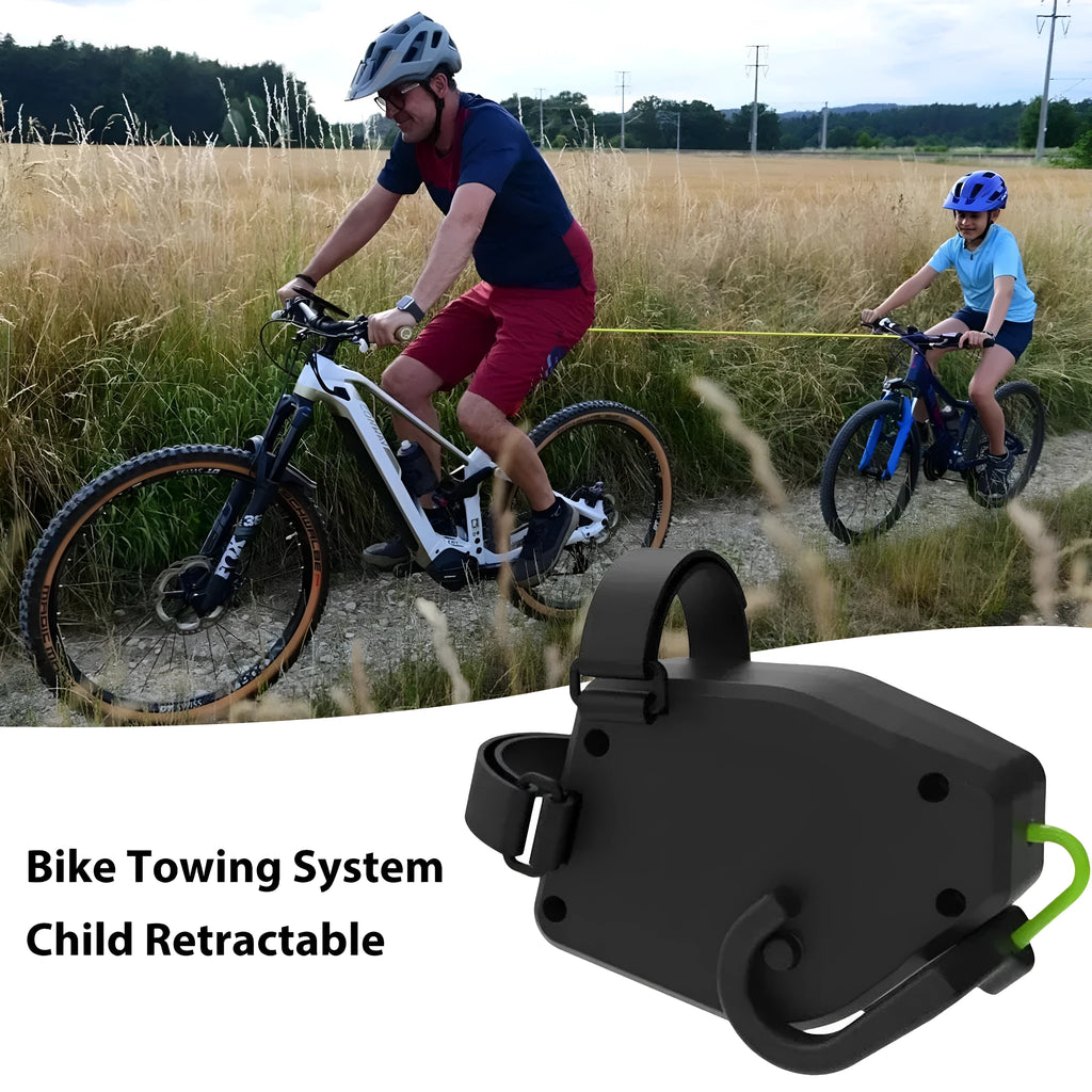 Black bike trailer tow rope with carabiner hooks for child carrier attachment