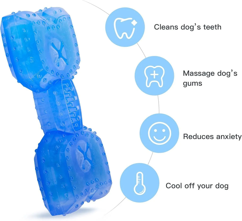 Freezable non-toxic dog cooling chew toy in bone and circle shapes.