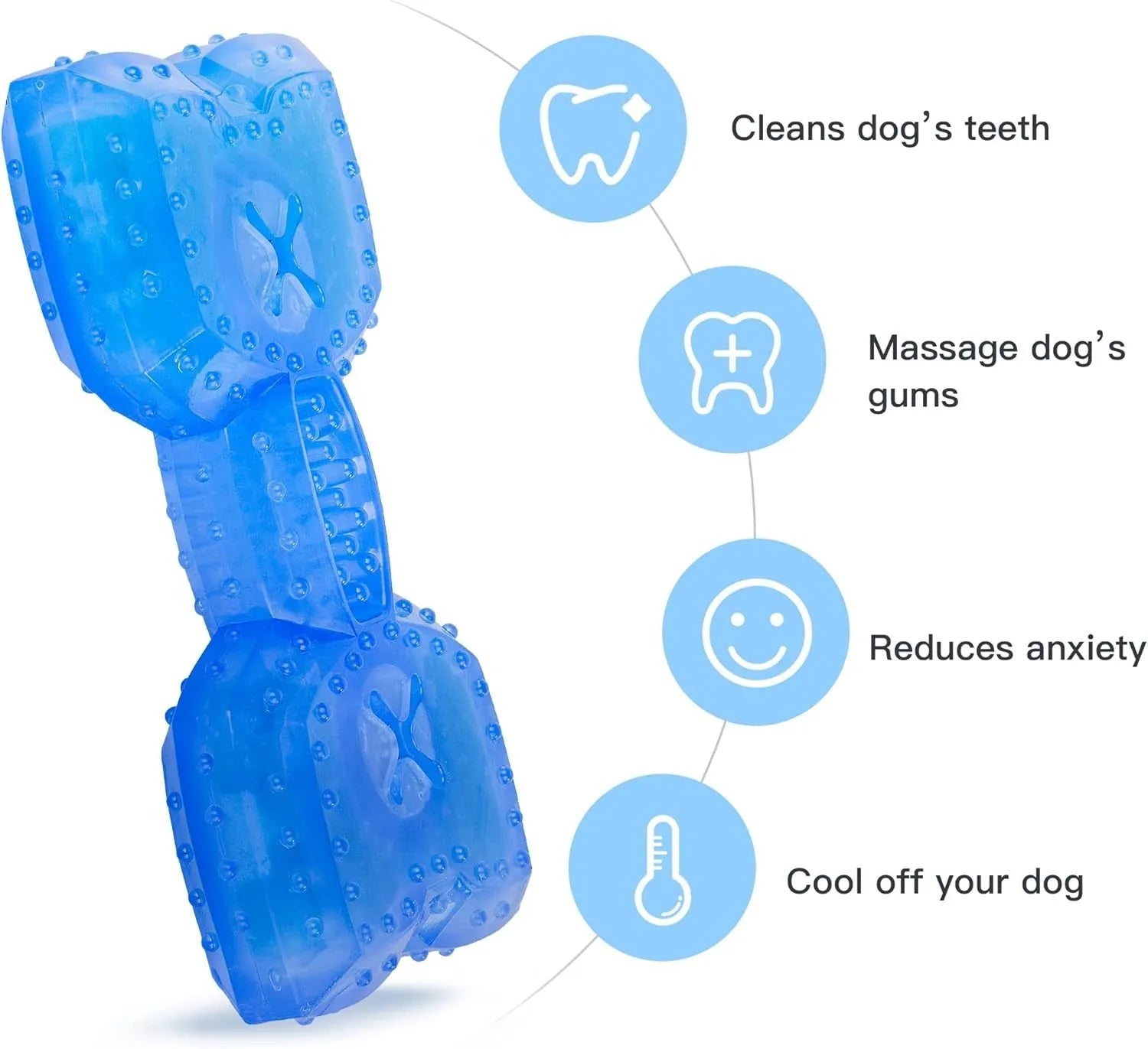 Freezable non-toxic dog cooling chew toy in bone and circle shapes.
