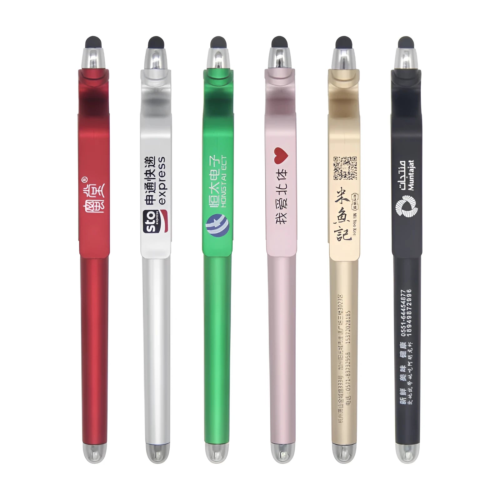 Multifunctional plastic pen with stylus tip and built-in mobile phone holder in black or blue.
