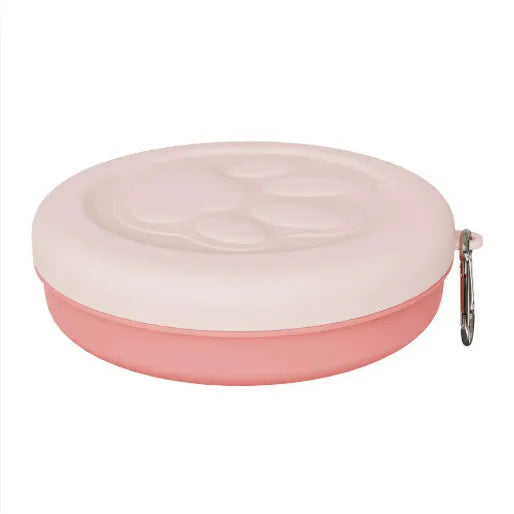 Portable dog feeding bowl in a pastel colour, shown in L and S size options.
