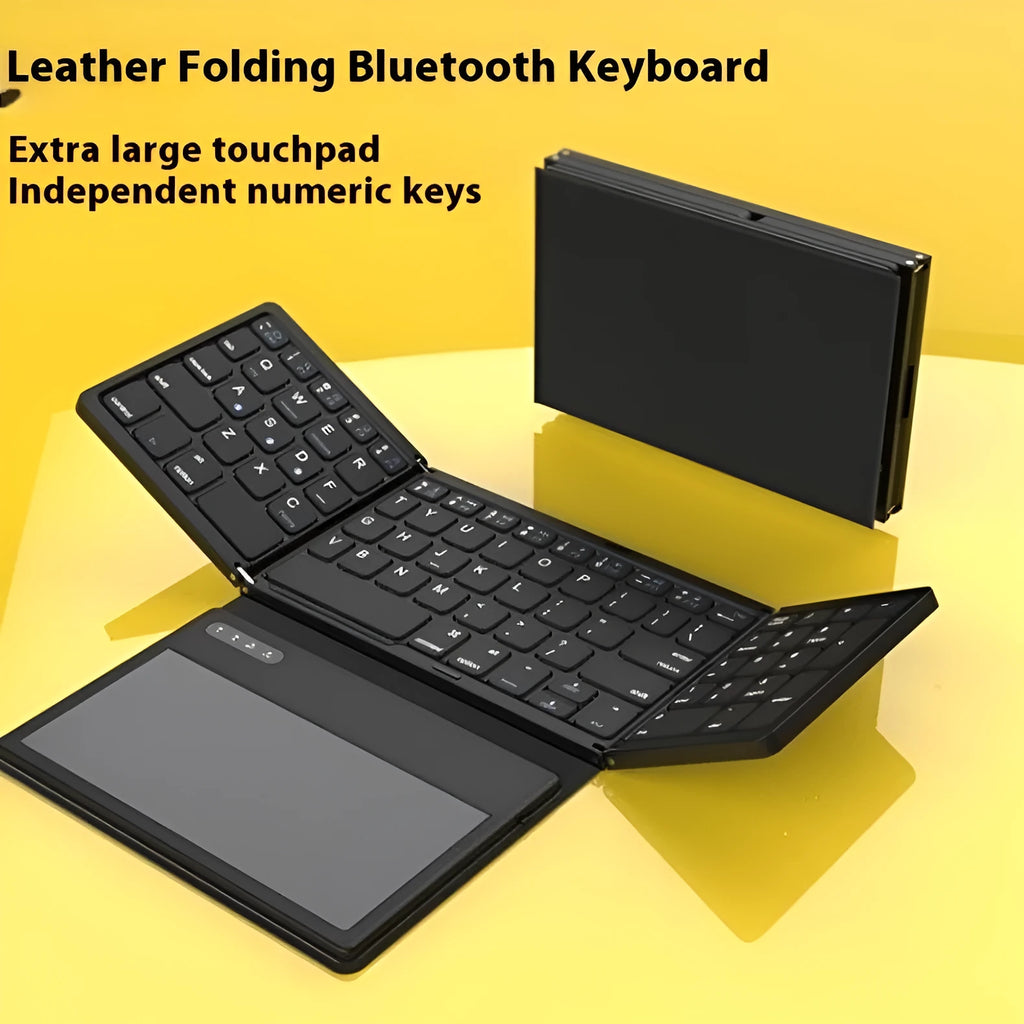 Black B055 Bluetooth folding keyboard with large touchpad and Type-C, folded and unfolded views