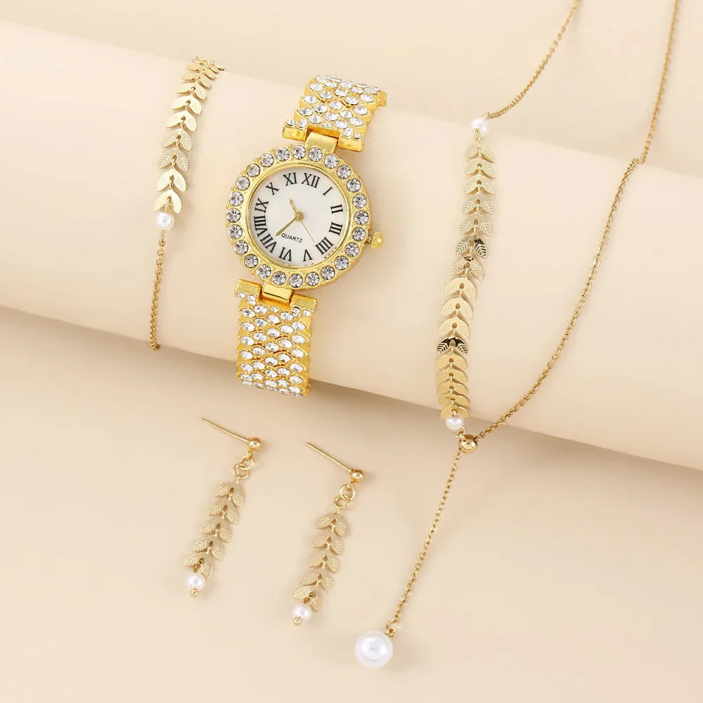 Women's diamond quartz watch set with rhinestones and jewellery in rose gold finish