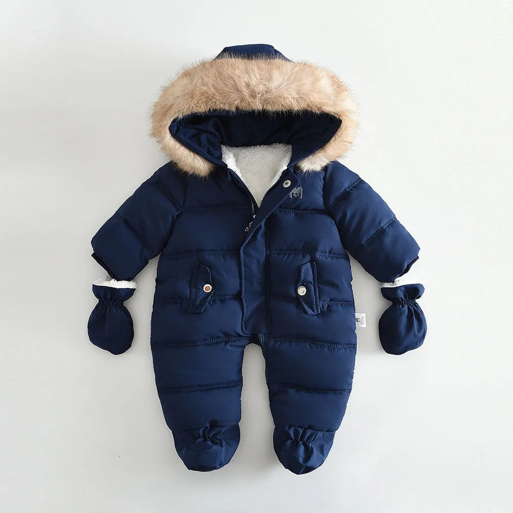 Fleece-lined thick hooded baby jumpsuit in beige with zip front and fur hood