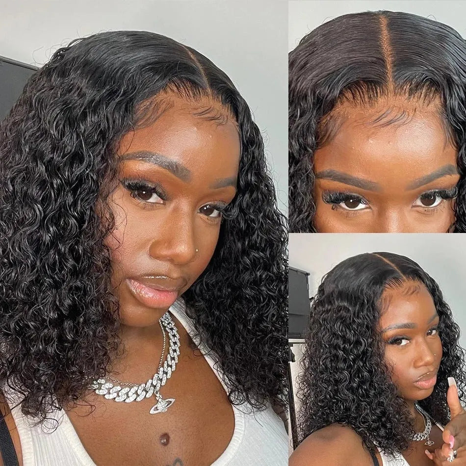 Black front lace small curly wig with long bangs, T-shaped lace 73, 8 to 16 inch lengths
