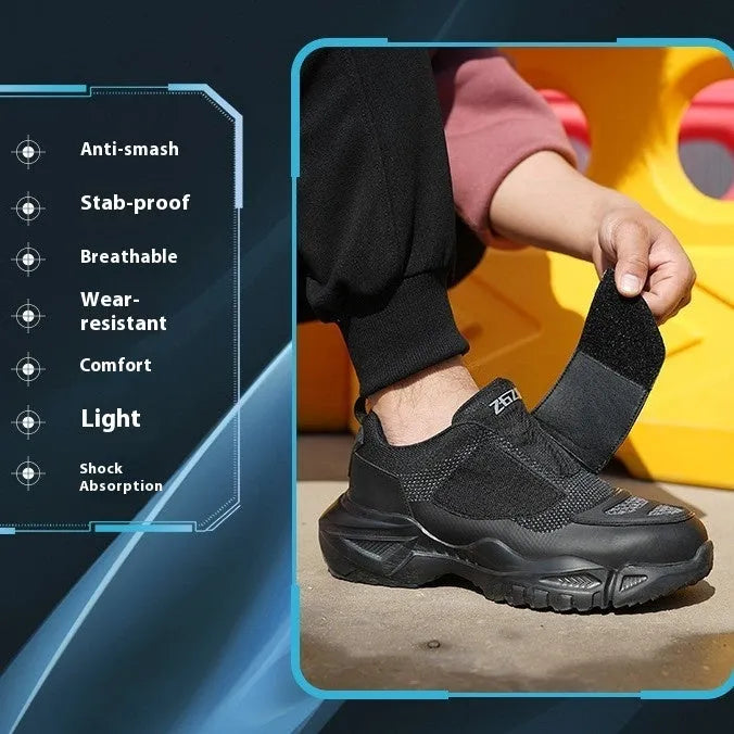 Black low-top safety work shoes with a velcro buckle, featuring a steel toe cap and EVA sole.