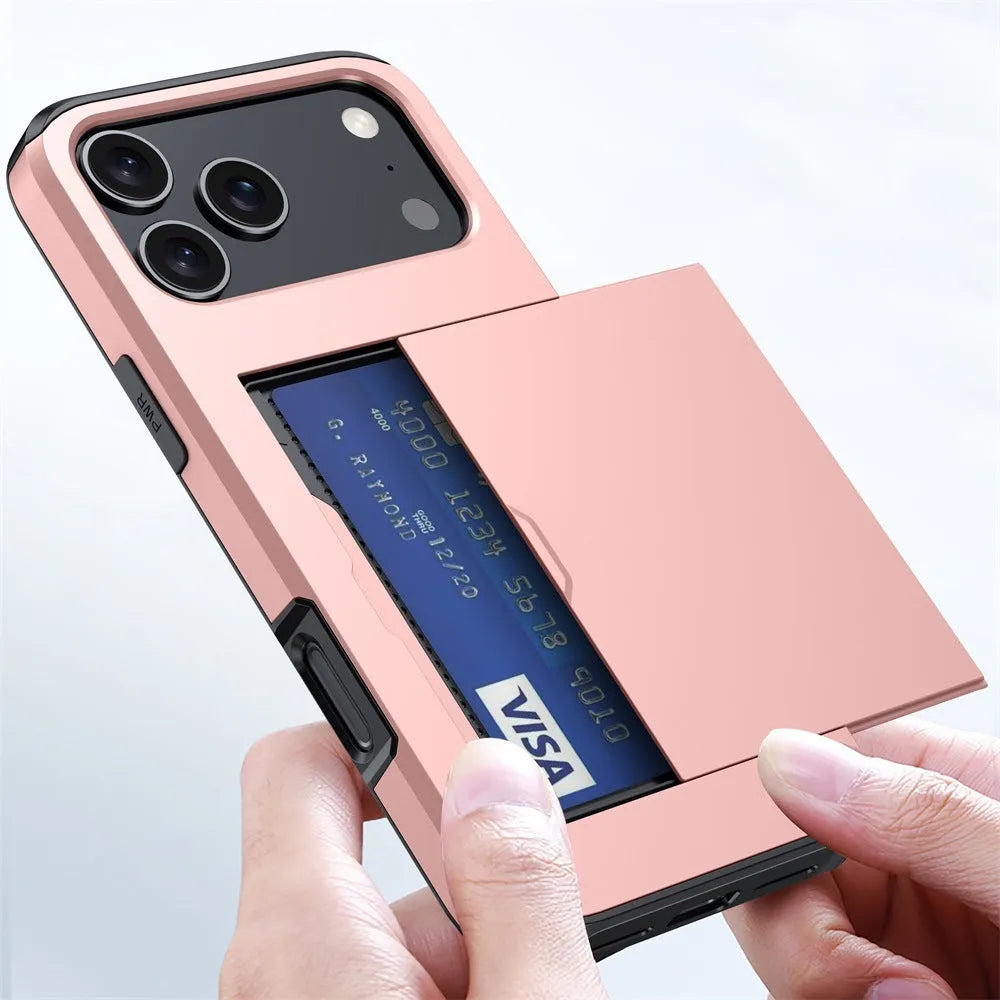 Army green iPhone case with a sliding cover open to show integrated card storage slot.