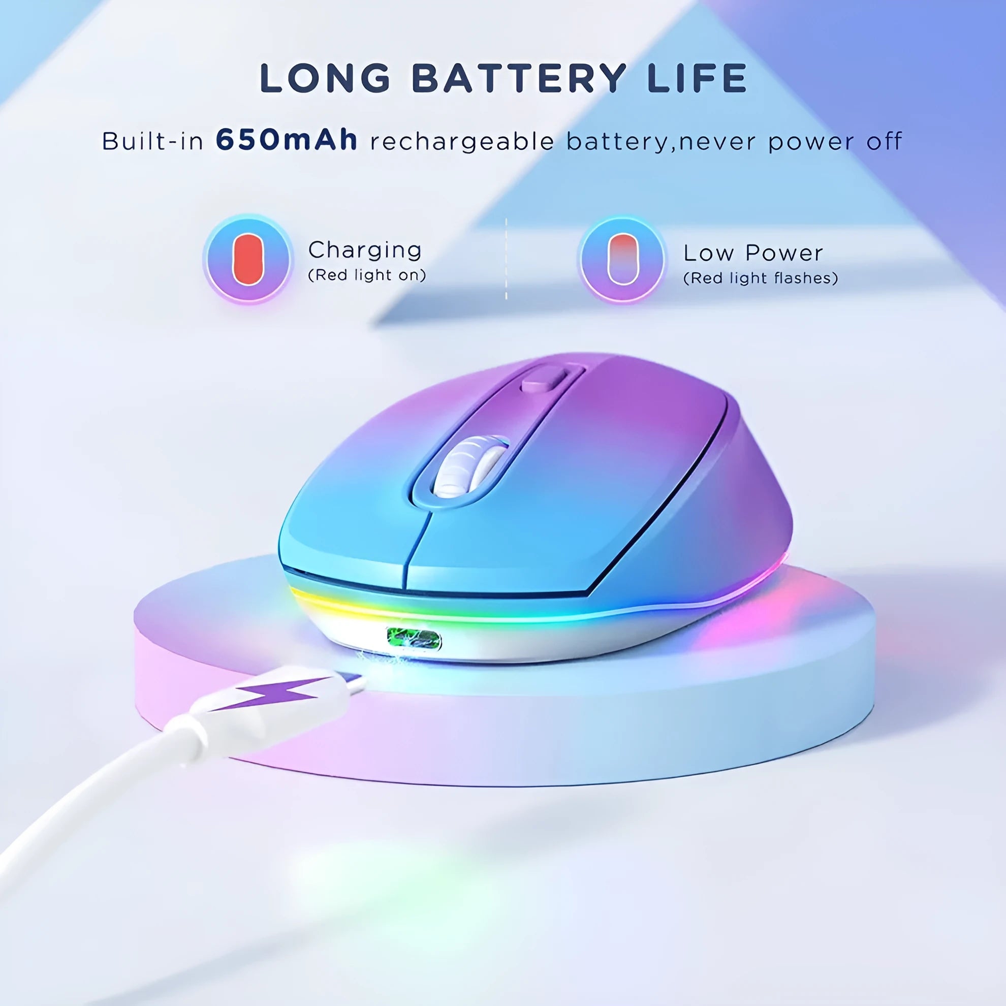 24g wireless rechargeable mouse in various colours showing compact ergonomic design and USB cable