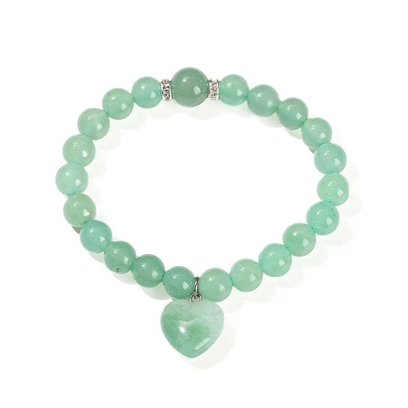 Natural stone bracelet with geometric love pendant in tigereye, crystal, aventurine, jade, and unakite stones
