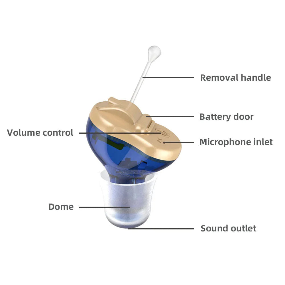 Q10 CIC hearing aid in red and blue colours with automatic calibration for discreet hearing assistance