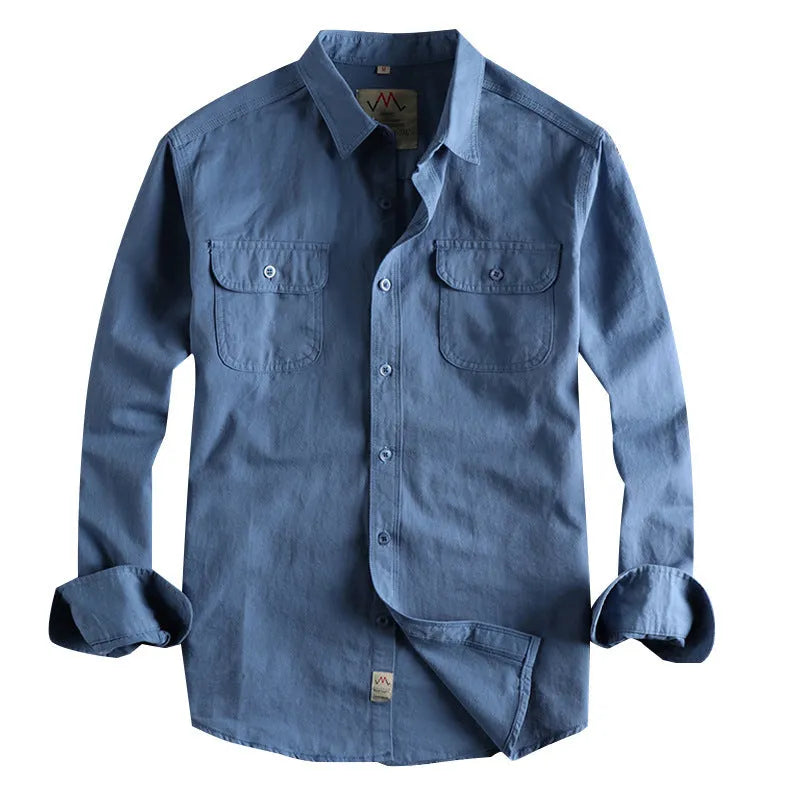 Men's light blue cotton long sleeve shirt with cardigan collar in British retro style
