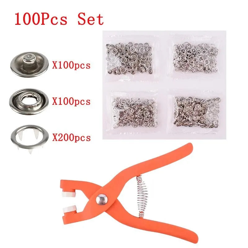 Five claw no sew button kit with stainless steel 9.5mm buttons and application pliers