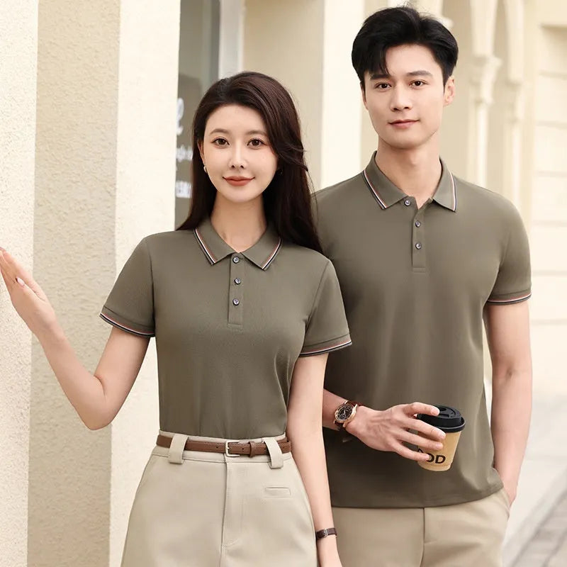 Solid colour ice silk polo shirt on a hanger showing apricot colour variant