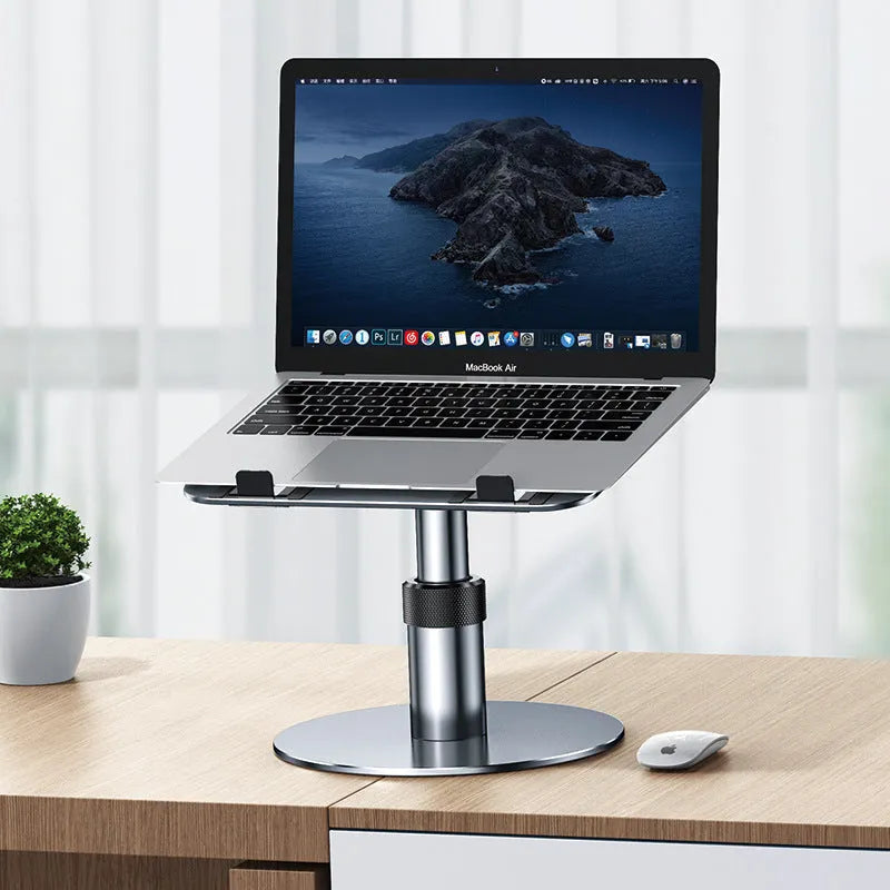 Silver adjustable car laptop stand with rotating base and non-slip silicone pads
