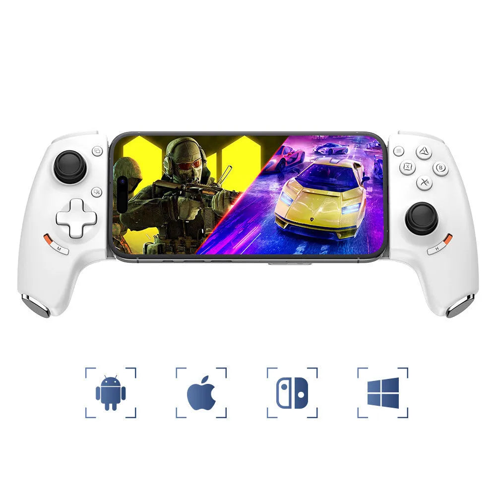 White Type-C and Bluetooth gaming controller with Hall joystick, 115-193mm stretch and anti-slip grip