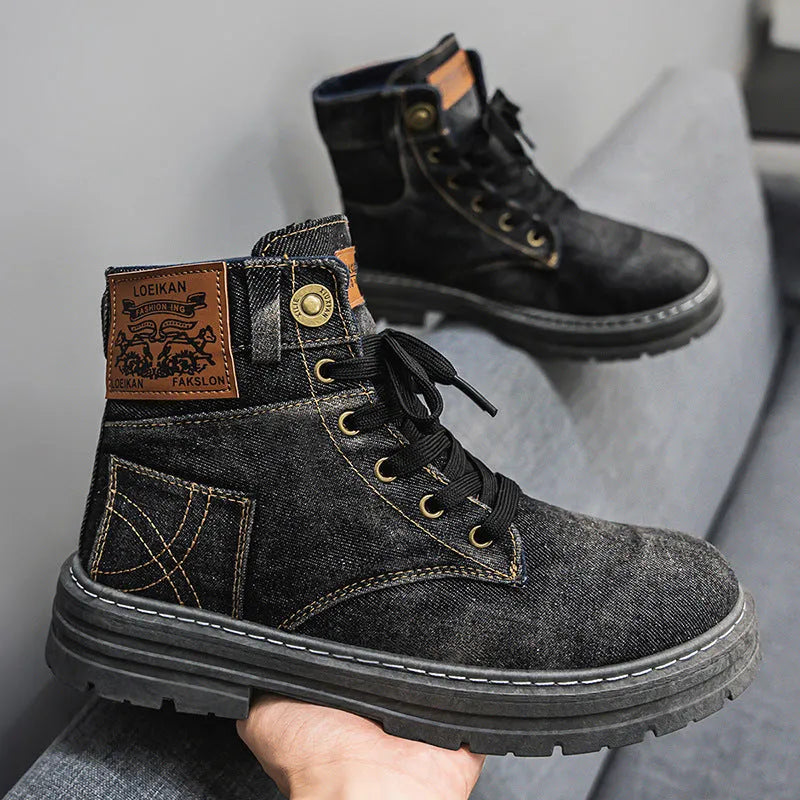 Men's mid-top canvas Martin boots in black or blue, sizes 39-48, with 3-5cm mid heel and PVC sole