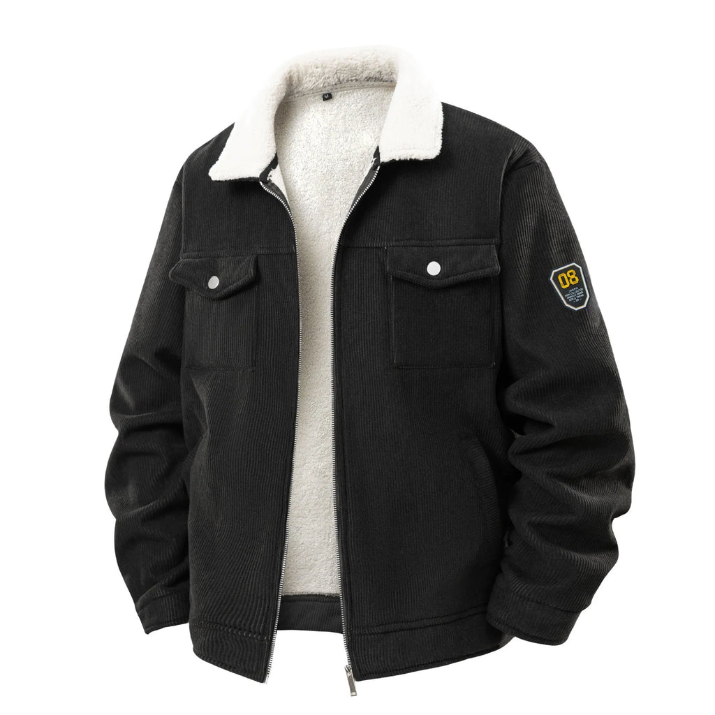 Fleece-lined thickened men's corduroy coat in black with lapel collar, available in sizes S-3XL
