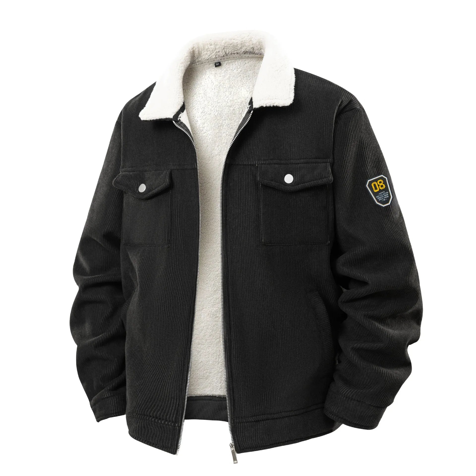 Fleece-lined thickened men's corduroy coat in black with lapel collar, available in sizes S-3XL
