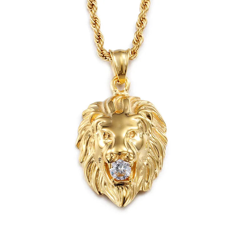 Gold alloy lion's head pendant necklace for men on display