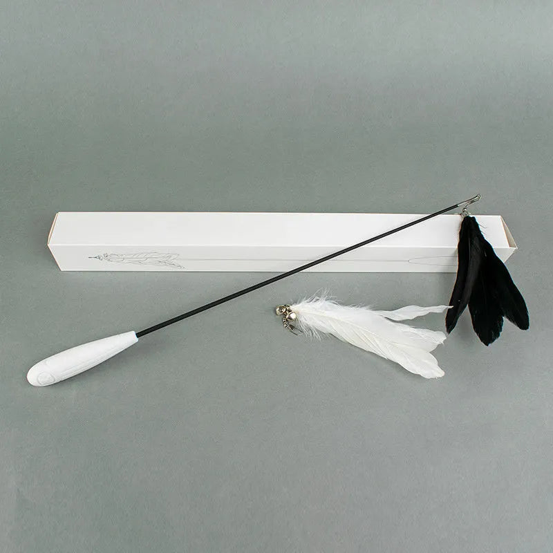Telescopic cat fishing rod toy extended to 80cm with removable goose feather attachment and integrated bell