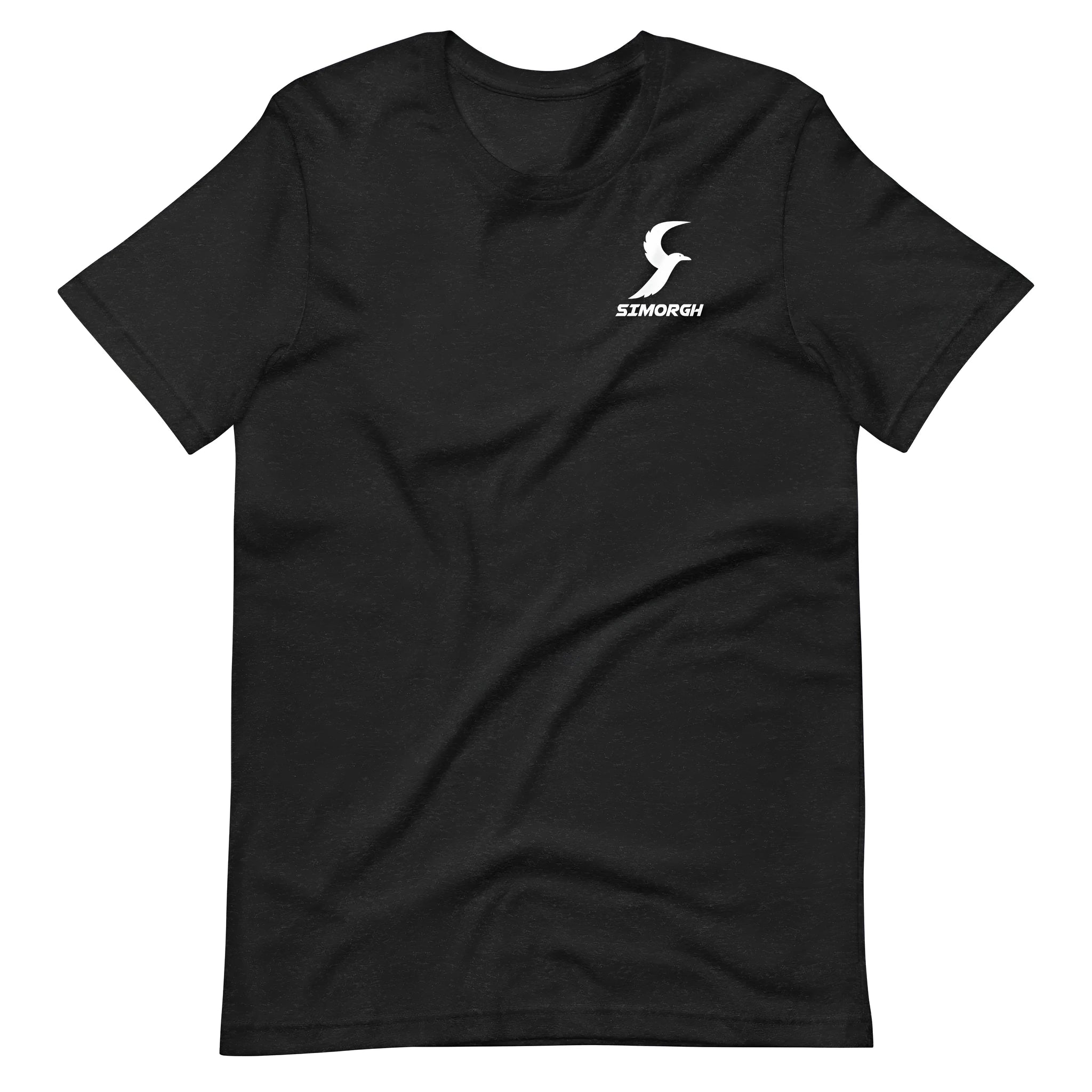 Unisex black cotton short-sleeve T-shirt with a round neck and loose straight fit on a hanger.
