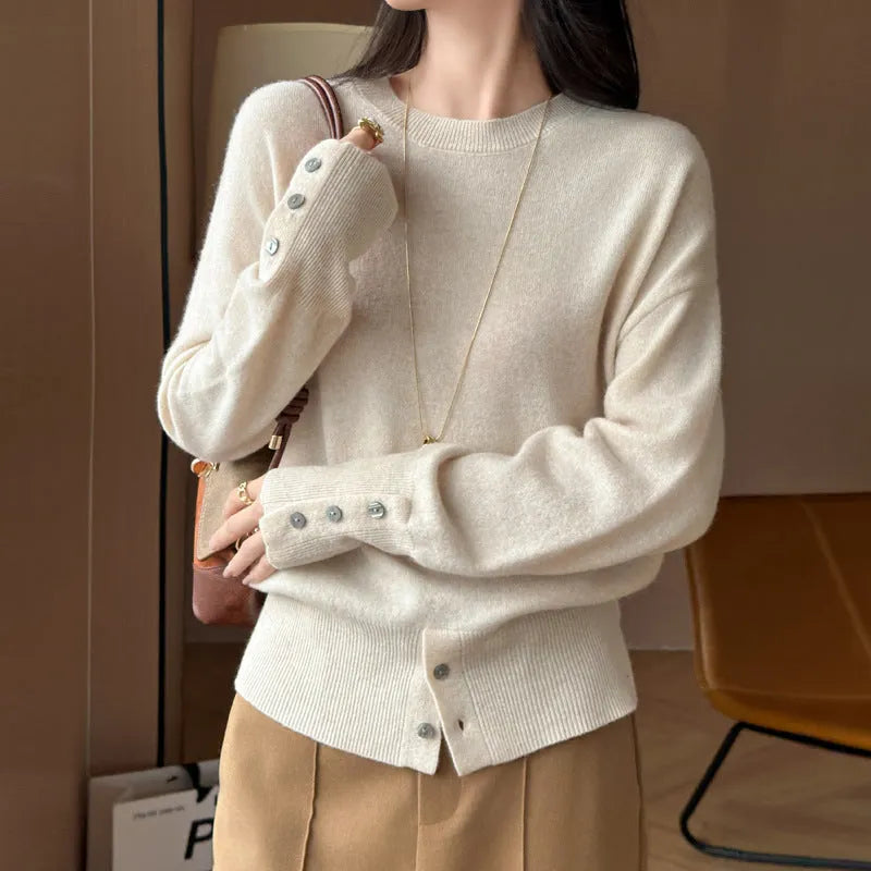 Women's French-style button split turtleneck sweater in wool, thick knit, 50cm length, mint green caramel brown purplish red raw velvet rice, sizes M L XL.