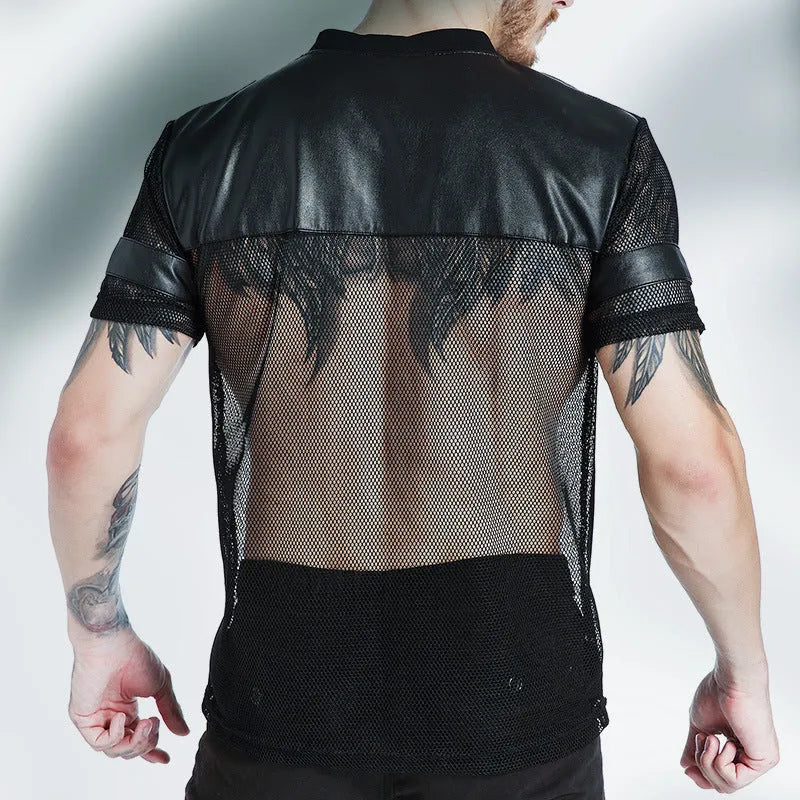 Men's black V-neck running t-shirt with mesh fabric and stitching detail