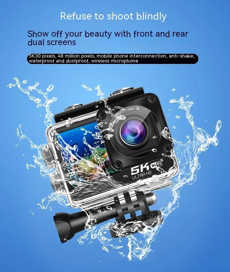 Compact 5K sports camera with wireless microphone and anti-shake technology in black ABS body