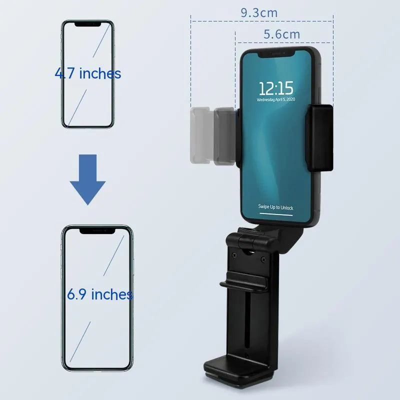 H22 Black colour 360-degree rotating collapsible mobile phone desktop holder on a wooden table.