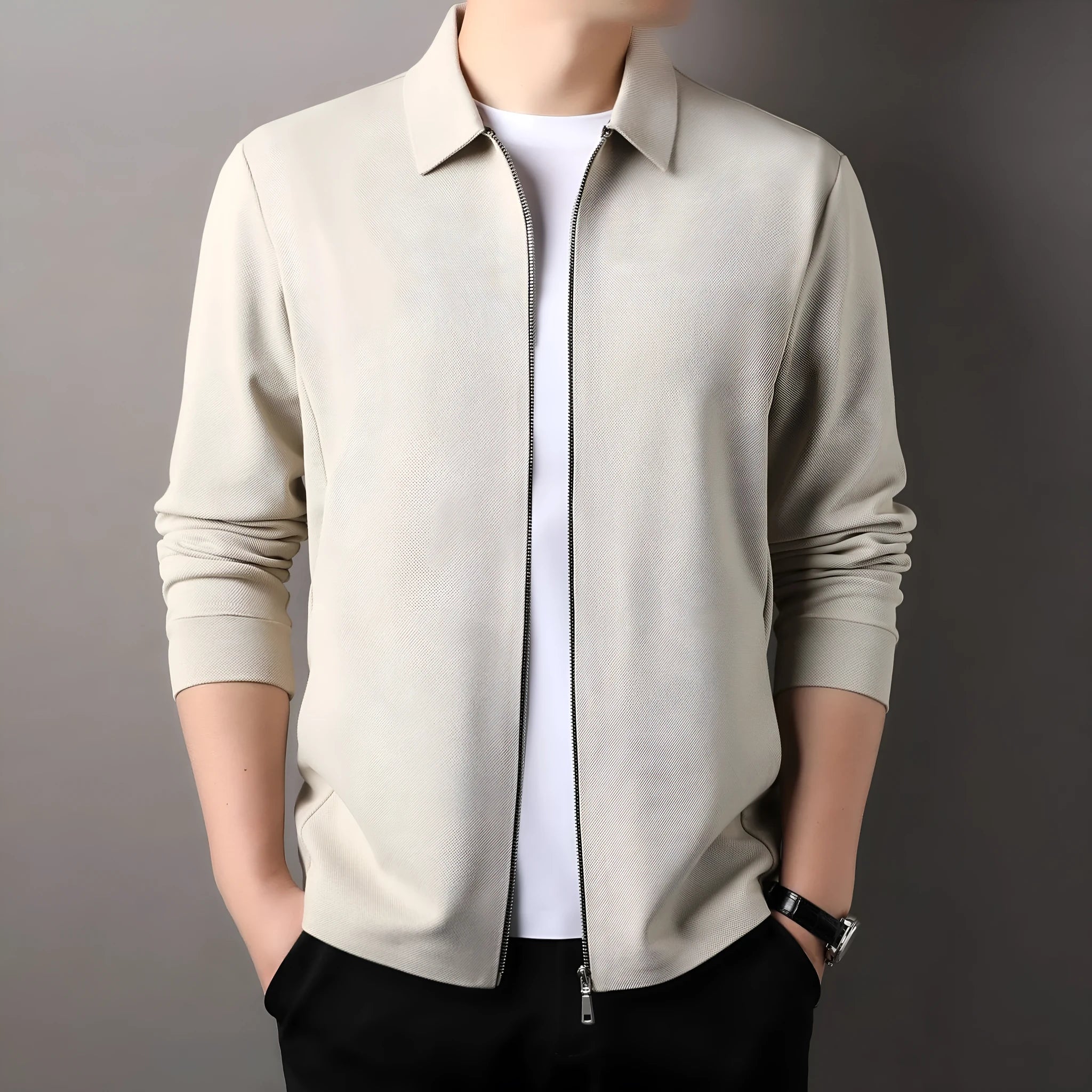 Men's polyester casual business jacket in black, dark gray, or apricot with regular long sleeves and straight hem