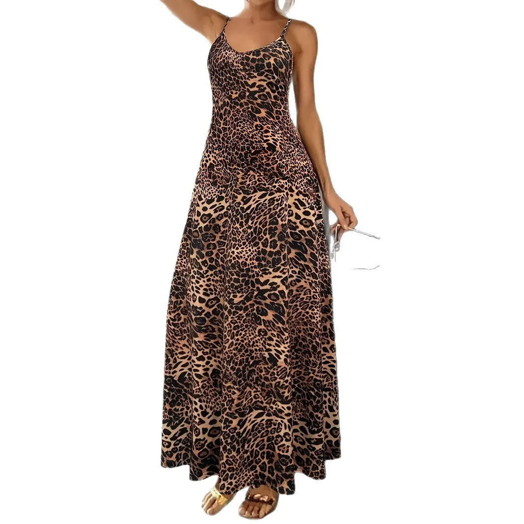 Dark brown leopard print dress with sleeveless round neck and sling style shoulder straps