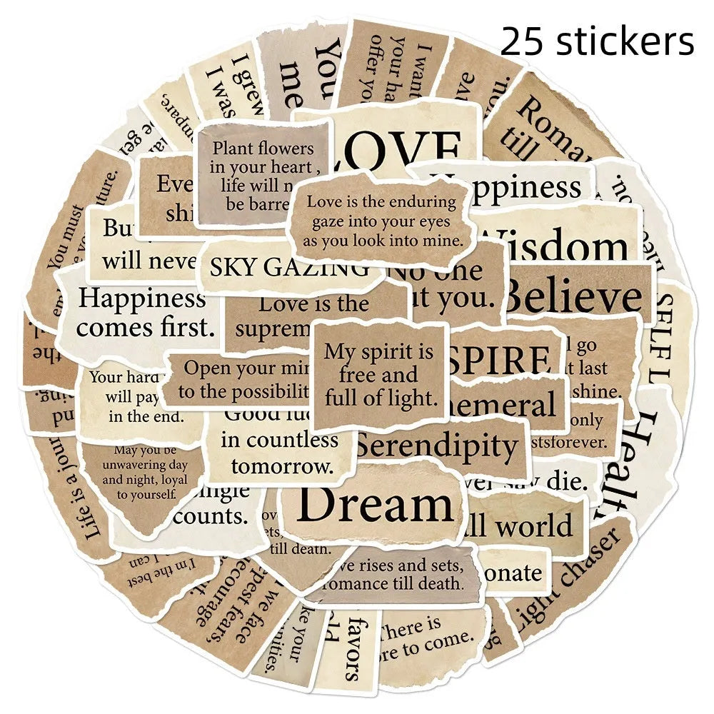 Set of 25 tear English text design vinyl stickers for laptops on a white background.