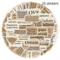Set of 25 tear English text design vinyl stickers for laptops on a white background.