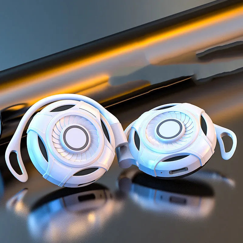 Black wireless Bluetooth earphones with hanging ear design showing ear hooks and USB charging port