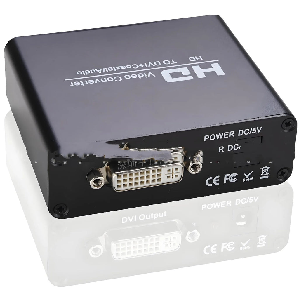 Black HDMI to DVI converter with coaxial audio port and 1.5 metre attached cable