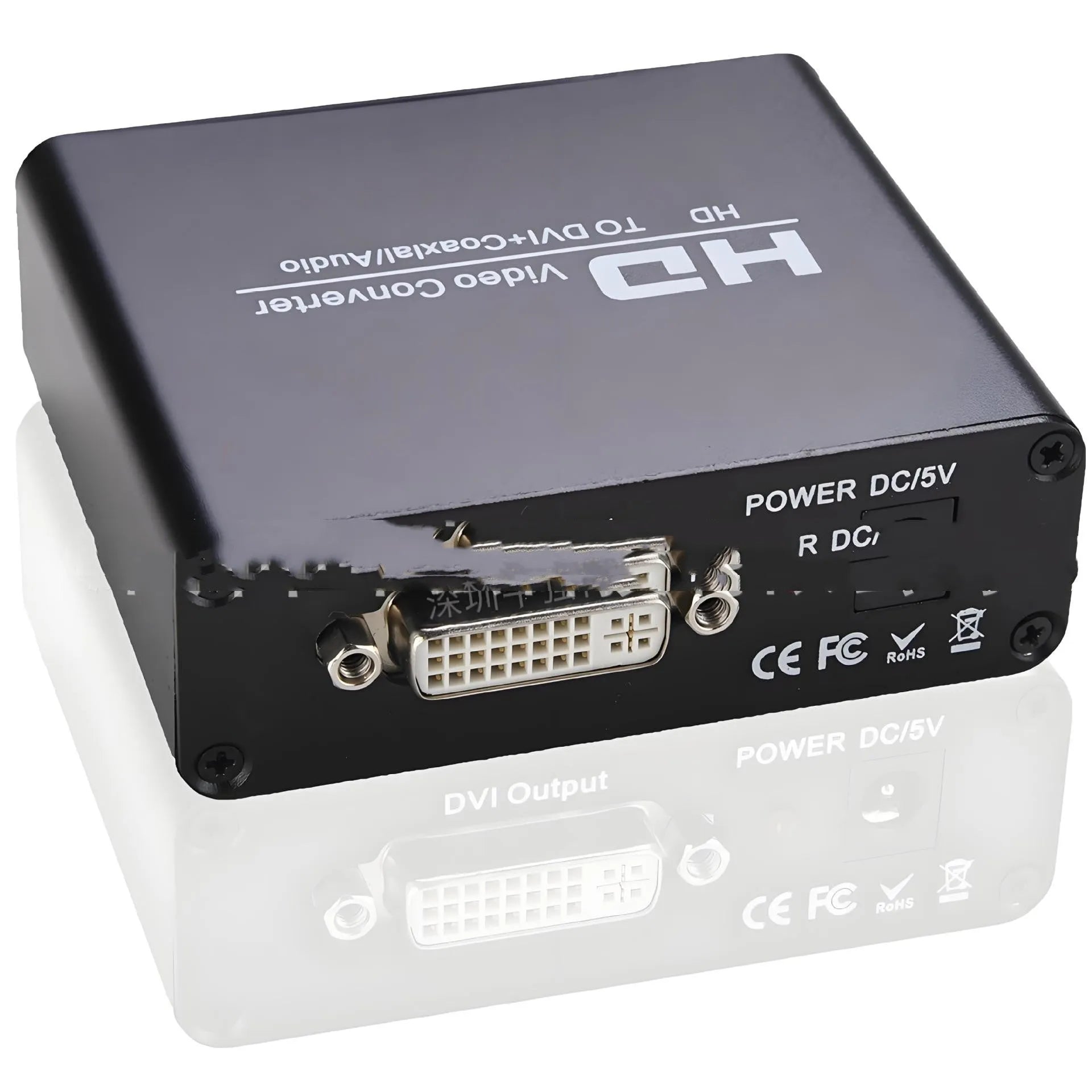 Black HDMI to DVI converter with coaxial audio port and 1.5 metre attached cable