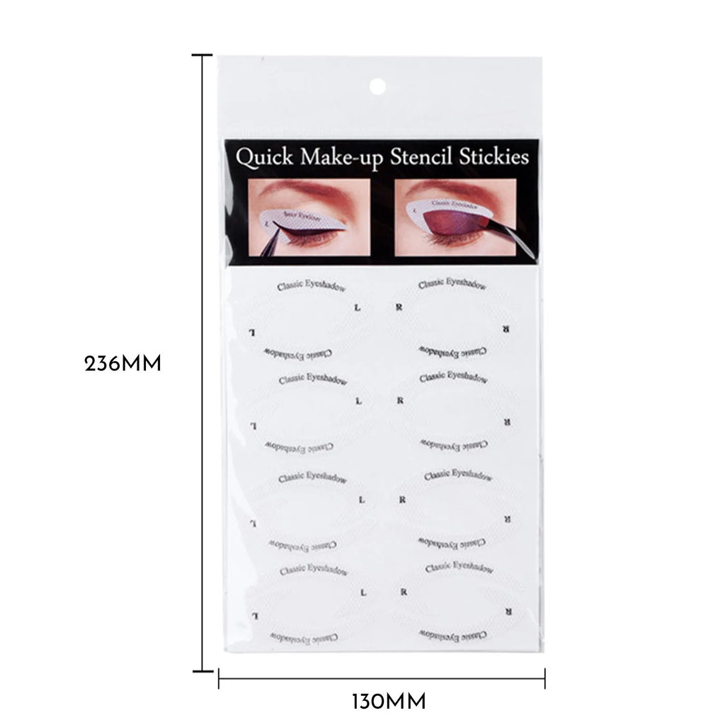 Set of four reusable flexible eyeliner stencils on a pink background, showing cat-eye and winged templates