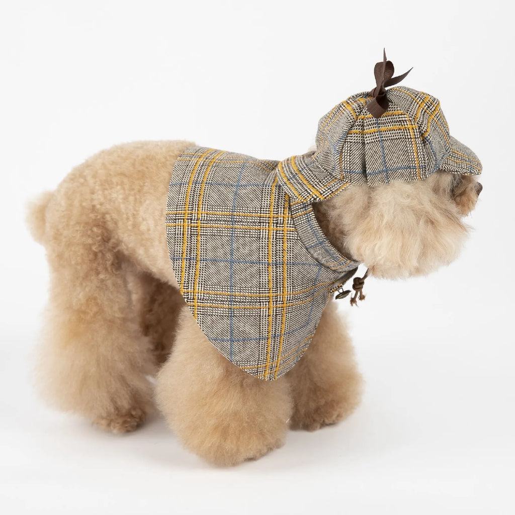 Camel coloured cotton pet cloak with an adjustable hat for a dog, showing the cloak design.