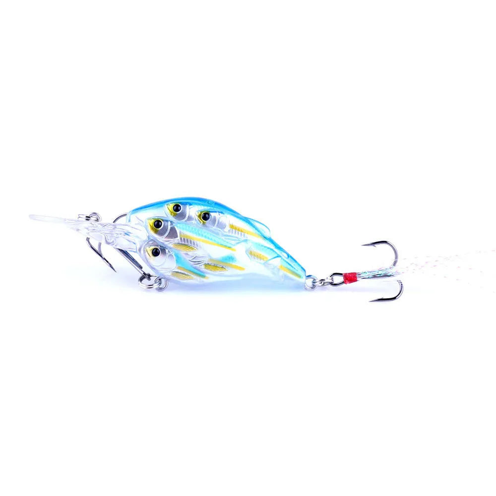 Set of nine multi-colour ABS plastic hard bait fishing lures with feather hooks.