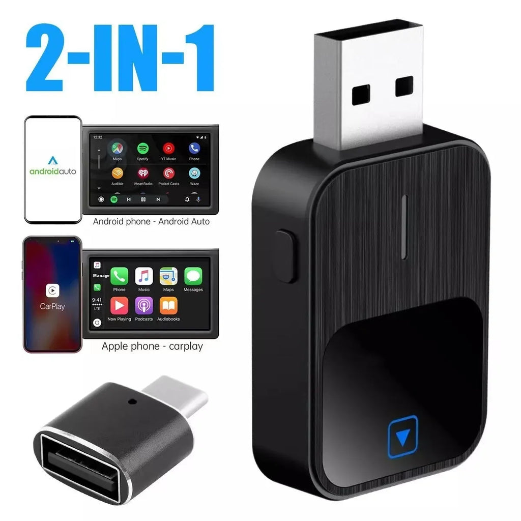 Black CarPlay Android Auto two-in-one adapter with metal ABS casing, 2.5x4.9x1.0cm, next to USB cable
