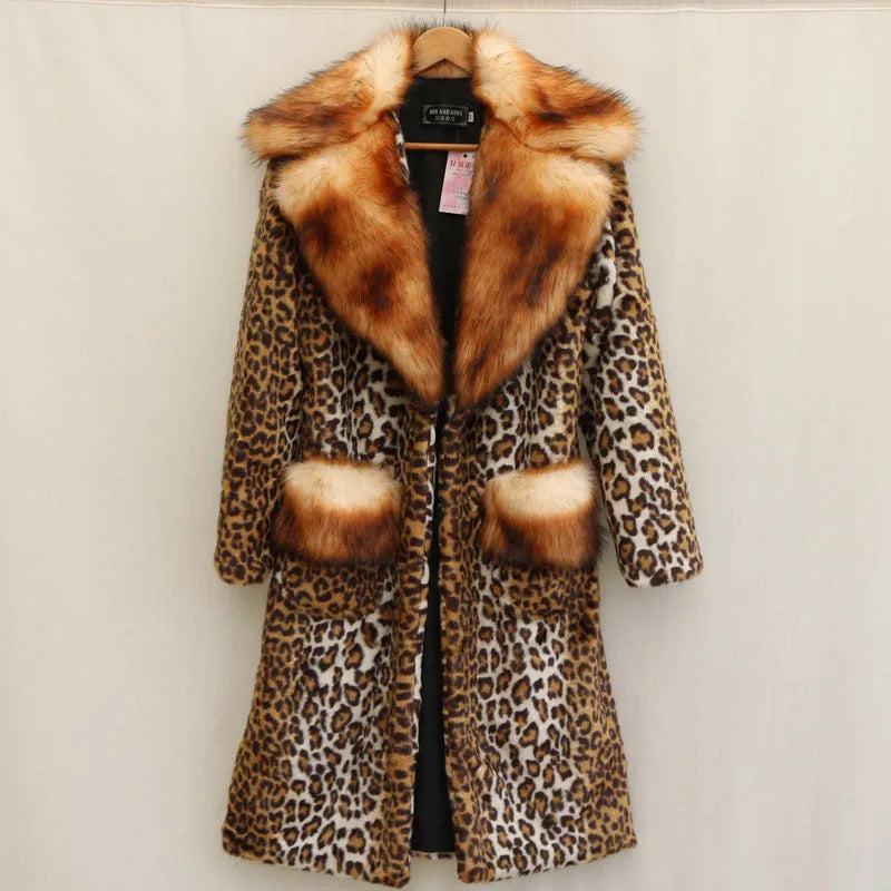 Women's leopard print artificial fur casual jacket with regular sleeves