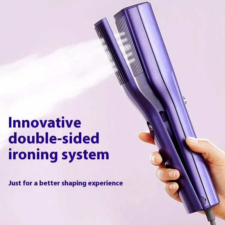 Handheld garment steamer with plastic housing showing steam control buttons and UK plug