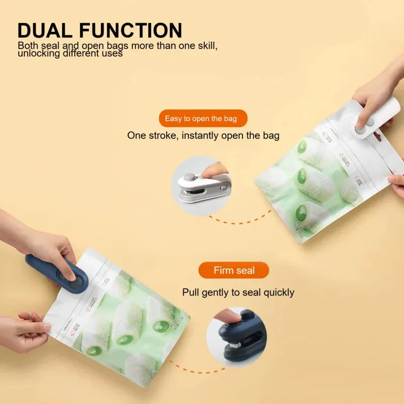 Blue handheld USB heat sealer with magnetic back and cutter blade for sealing chip bags