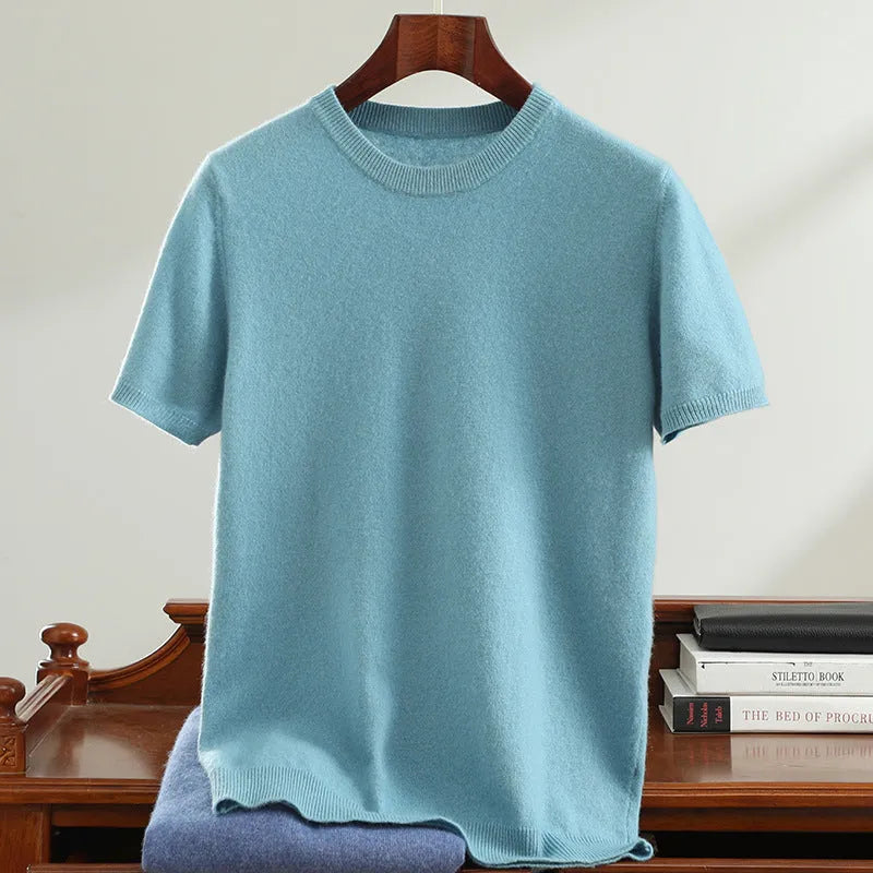 Men's round neck short sleeve sweater pullover in Calm Black, loose fit regular yarn knit